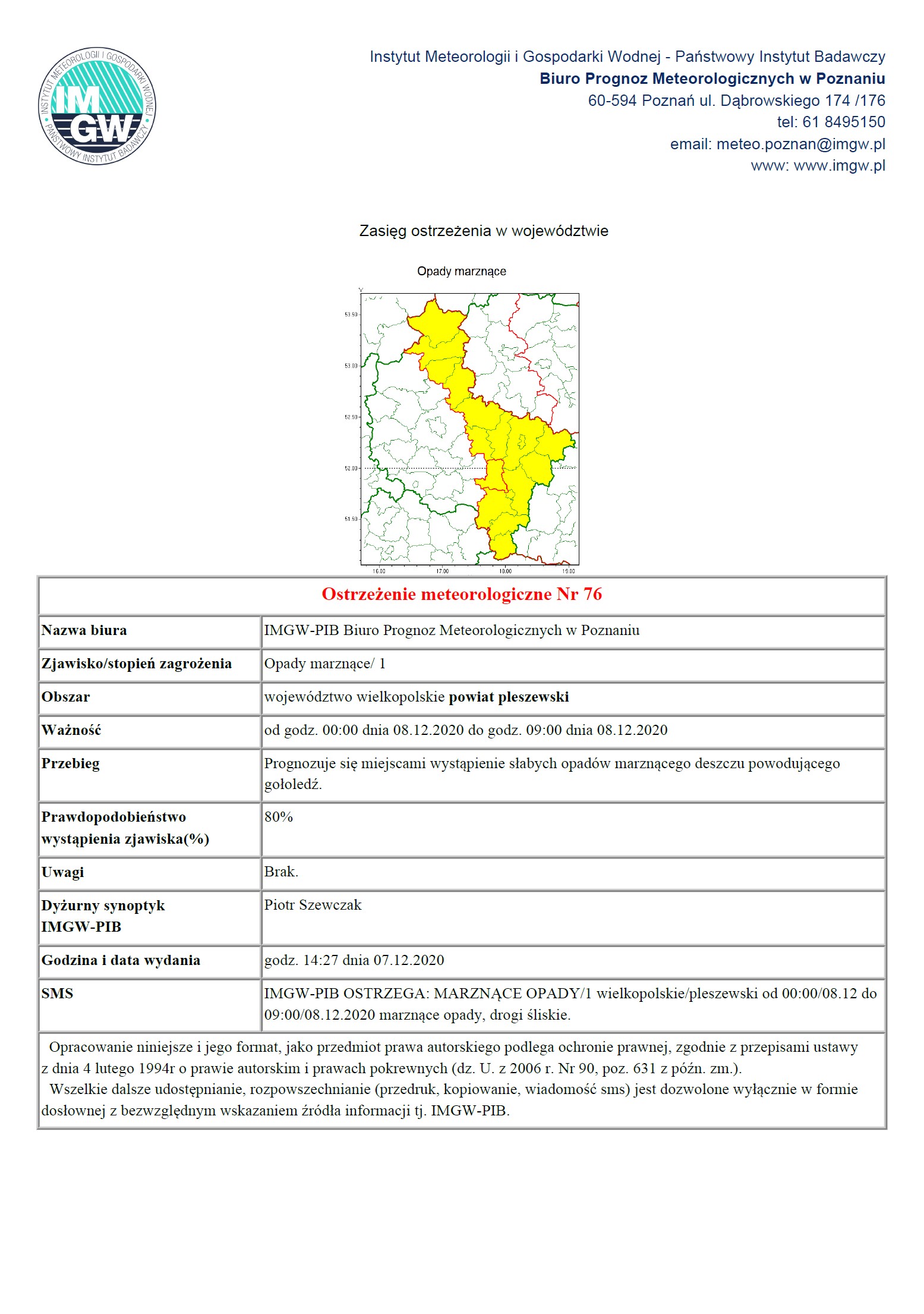 informacja o opadach marznących na terenie powiatu pleszewskiego